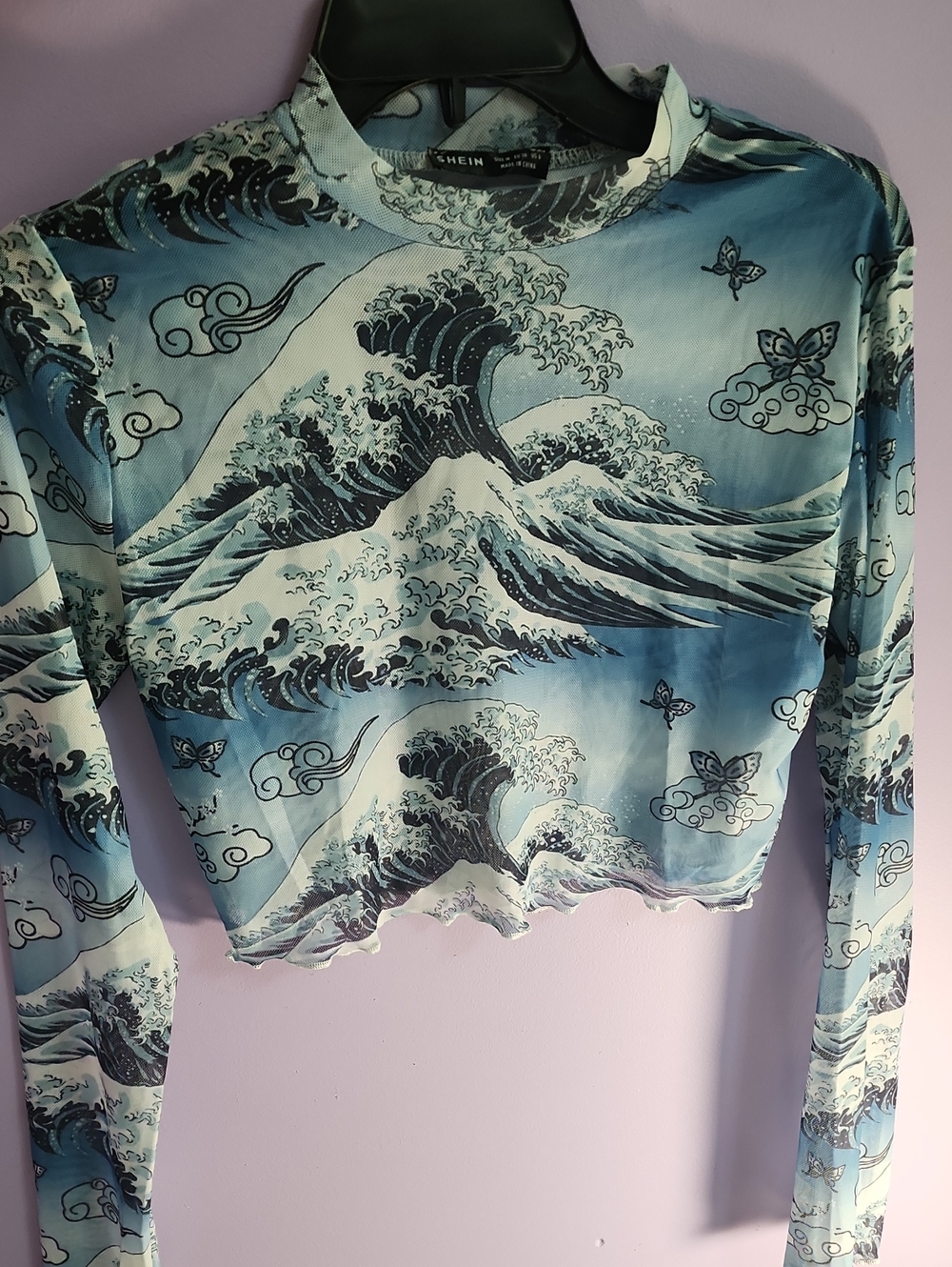 SHEIN Blue Wave Print Mesh Long Sleeve Crop Top